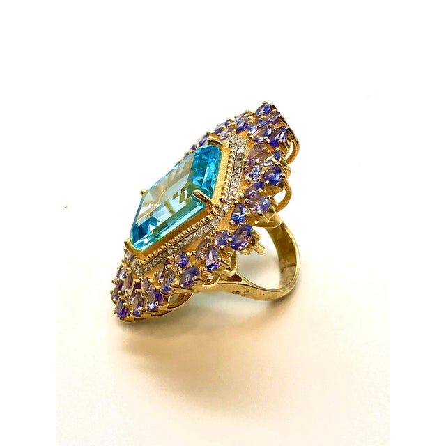 Bochic "Orient" Vintage Natural Tanzanite, Topaz & Diamond Ring Set In 18K & Silver Natural Emerald Shape Center Blue...