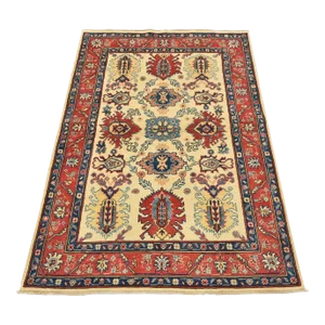 Kazak Rug 4'3'' X 6' Beige Wool Tribal Hand-Knotted Oriental Carpet