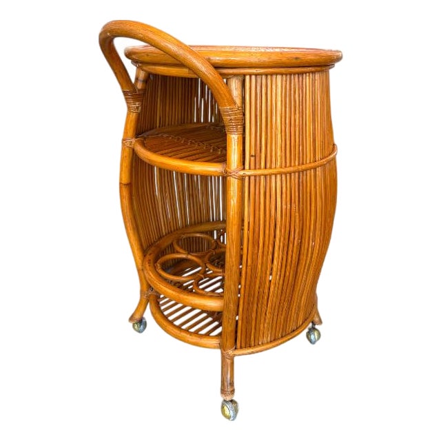 Italian Mid Century Rattan & Bamboo Barrel Bar Cart For Sale