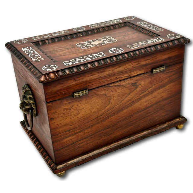 Outstanding Antique Victorian Rosewood Veneer Tea Caddy Box With Fancy Abalone Inlay Features - Circa 1870s For Sale - Image 18 of 18