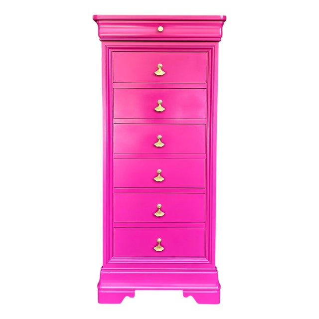 1980s Thomasville Impressions Pink Lingerie Chest | Hot Pink Tall Dresser | Hollywood Regency Chest | Glam Bedroom Storage | Wallpaper Drawers For Sale