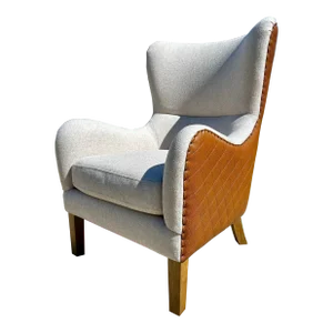 Lillian August Style Wingback Fireside Chair – Mistral Oatmeal Fabric, Faux Leather Back, Pair Available