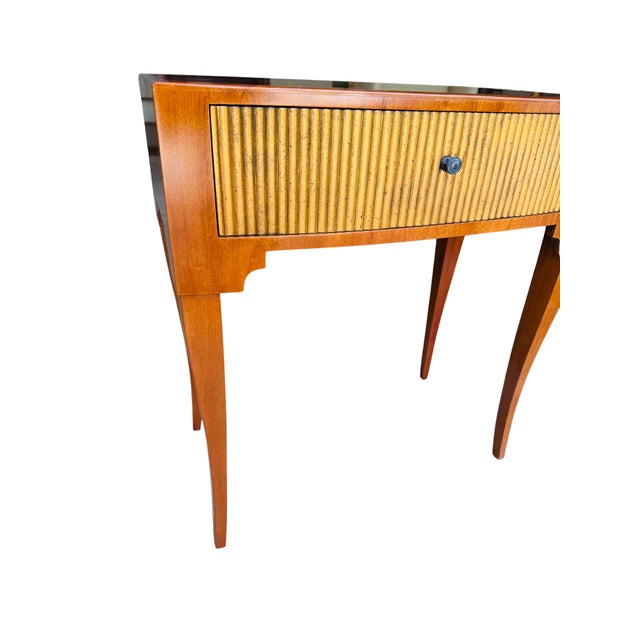 Wood Vintage Baker Furniture French Regency Side Tables, Pair | Mid-Century Cherry Demilune Nightstands With Gilt Reeded Drawers For Sale - Image 7 of 15