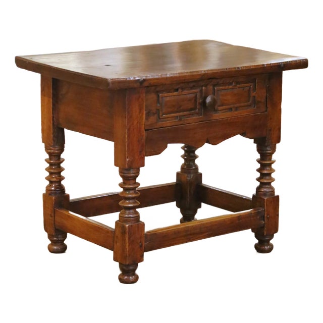 18th Century Spanish Baroque Walnut Side Table With Single-Plank Top and Drawer For Sale
