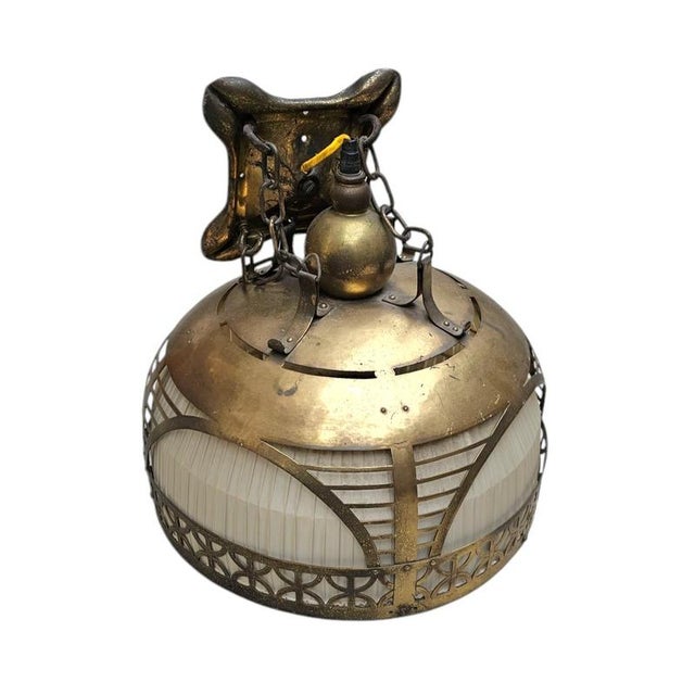 Amsterdam School Copper and Linen Pendant by Johanna Van Eijbergen for G. Dikkers & Co., 1920s For Sale - Image 3 of 9