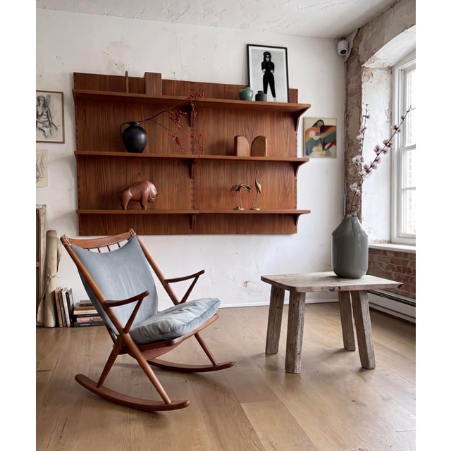 Teak Rocking Chair with Mohair Velvet Cover in Ice Blue by Frank Reenskaug for Bramin, Denmark, 1960s For Sale - Image 16 of 17