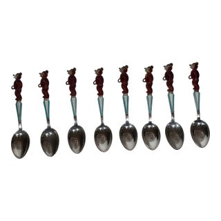 Vintage Estonian Tallinn 916 Silver & Enamel Bear Spoons — Set of 8 For Sale
