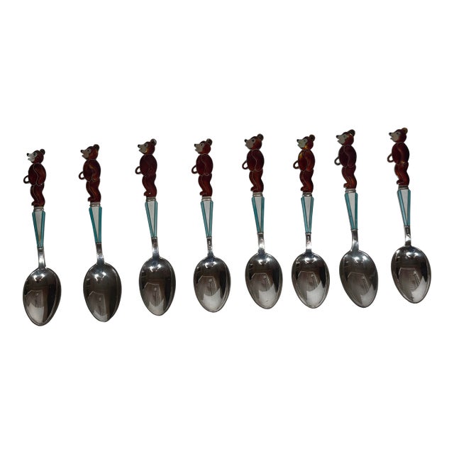 Vintage Estonian Tallinn 916 Silver & Enamel Bear Spoons — Set of 8 For Sale
