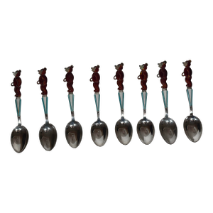 Vintage Estonian Tallinn 916 Silver & Enamel Bear Spoons — Set of 8