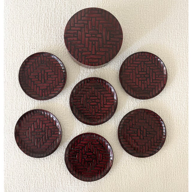 Vintage Chinoiserie Style Red Lacquerware Faux Bamboo Coaster Set by Otagiri - Set of 6 For Sale - Image 9 of 17