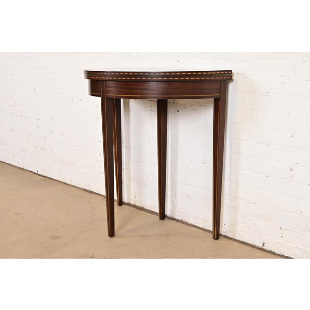 English Late 20th Century Baker Furniture Style Federal Inlaid Mahogany Flip Top Demilune Console Game Table For Sale - Image 3 of 14