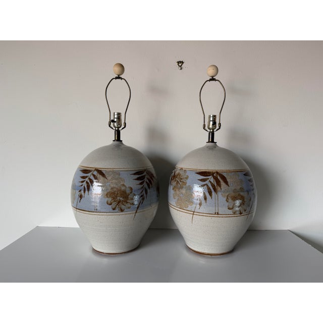 Pair of Vintage Mid-Century California Studio Pottery Stoneware Table Lamps With Hand-Painted Floral Motif For Sale - Image 12 of 12