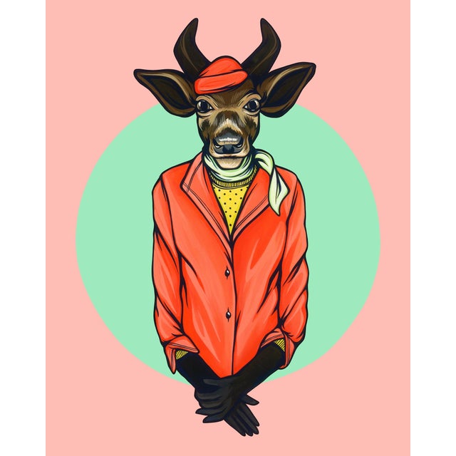 This artwork features a stylized figure of a deer dressed in a vibrant red jacket, exuding a whimsical charm against a...