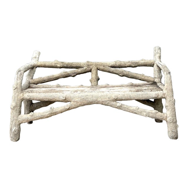 Vintage Faux Bois Concrete Garden Bench For Sale