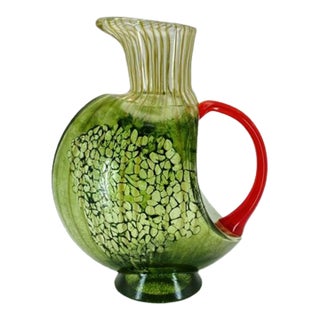 Kosta Boda "Corfu" by Kjell Engman Art Glass Jug (Green With Orange Handle) Signed #7080512 For Sale
