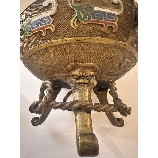 Early 20th Century Chinese Foo Dog Bronze Cloisonné Censor For Sale - Image 11 of 12