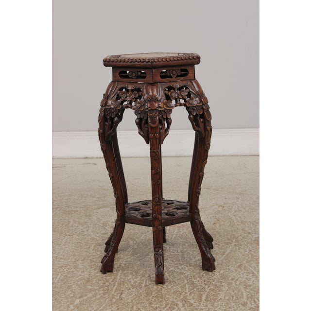 Chinese Antique Hexagonal Carved Plant Stand With Inlaid Marble Top For Sale - Image 4 of 13