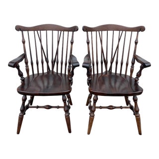 Ethan Allen Old Tavern Antiqued Pine Braceback Windsor Armchairs - a Pair For Sale