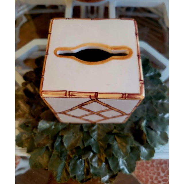 Italian Faux Bamboo Palm Beach Regency Style Ceramic White Brown Tissue Box Holder Cover For Sale In West Palm - Image 6 of 9