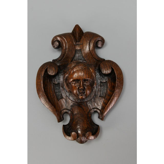 Baroque French Hand-Carved Oak Wood Wall Plaque with Cherubs Head, 1900s For Sale - Image 3 of 18
