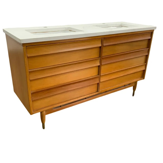 Mid-Century Modern Mid-Century Modern Walnut Double-Sink Bathroom Vanity With White Top For Sale - Image 3 of 6