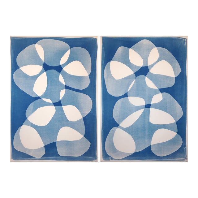 2026, Mid Century Modern Floating Shapes, Handmade Monotype Cyanotype, Abstract Organic in Blue Tones For Sale