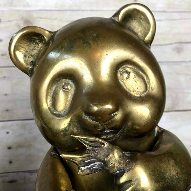 Vintage Mid-Century Brass Panda Bear Eating Bamboo Home Decor Heavy Statue For Sale - Image 10 of 14