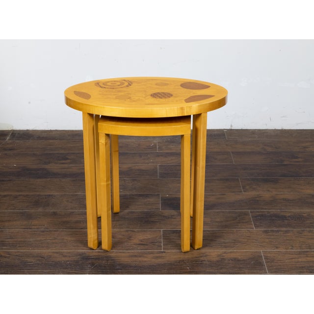 Mid 20th Century Mid 20th Century Baker Furniture Art Deco Style Nesting Tables with Whimsical Geometric Motifs For Sale - Image 5 of 12