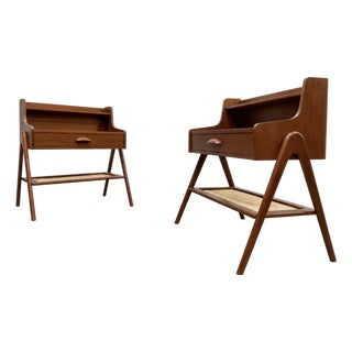 Pair of Mid Century Modern Handcrafted Caned Cabinets | Teak Bedside Tables For Sale