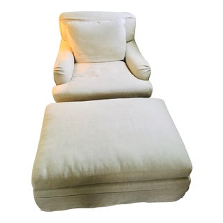 Restoration Hardware Belgian Classic Roll Arm Slipcover Chair and Ottoman For Sale