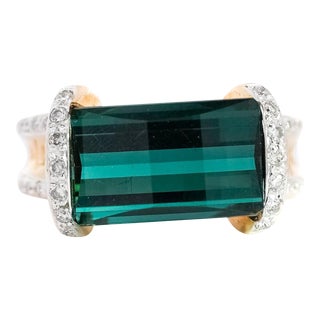 GIA Certified Blue-Green Rectangle Cut Tourmaline & Diamond Ring in 18K Carved G, Size 7.5 For Sale