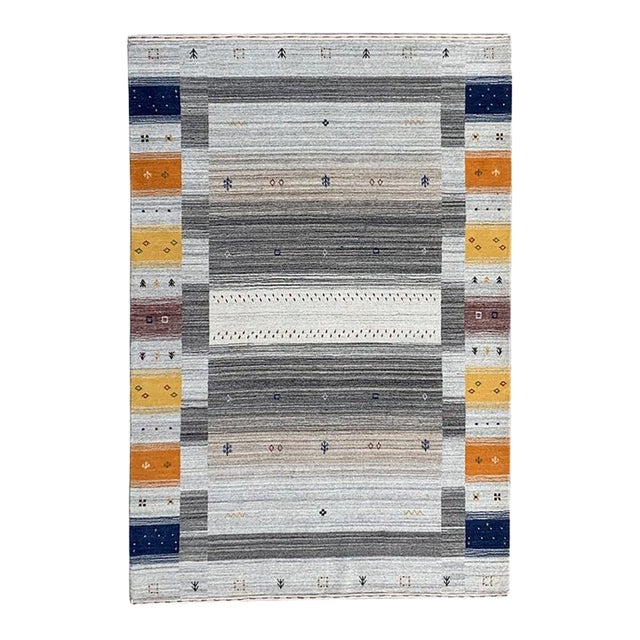 10x14 Multicolor Hand-Knotted Wool Subtle Striped Motifs Geometric Carpet Rug For Sale