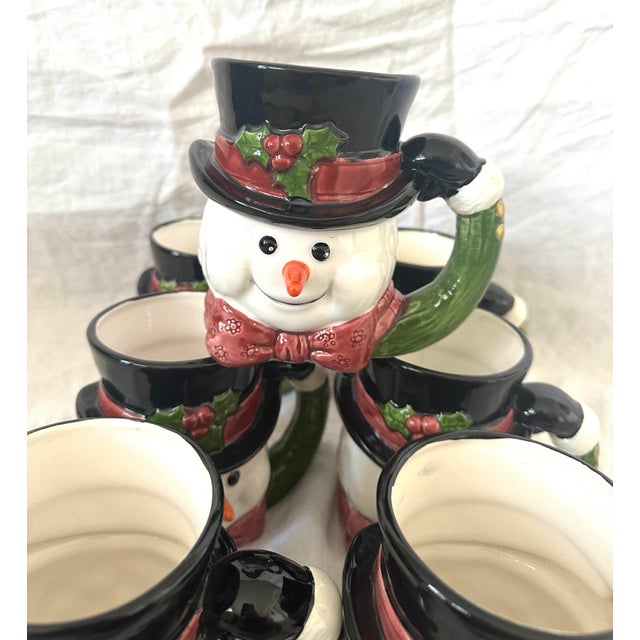 White Vintage Set of 8 Fitz & Floyd Holiday "Top Had Snowman" Mugs For Sale - Image 8 of 10