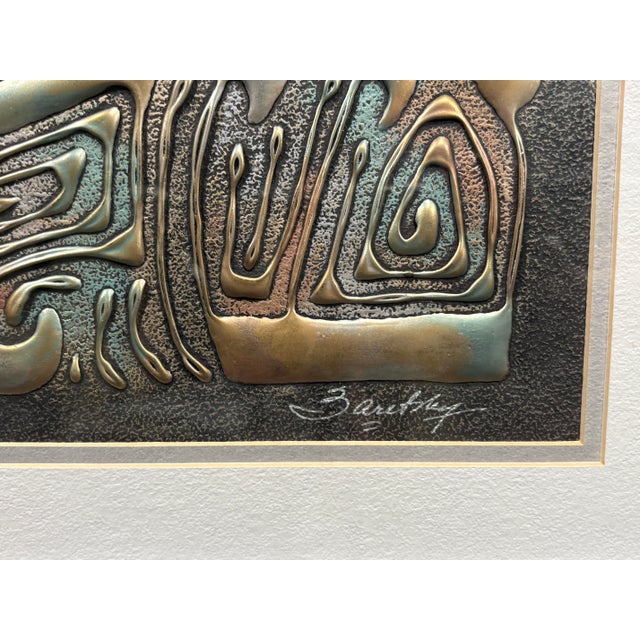 Vintage signed Joel Zaretsky sculptural metal relief wall art panel featuring an abstract “Shalom” composition rendered in...