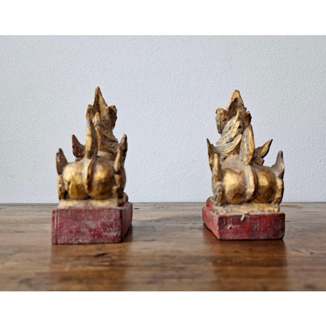 Wood Antique Southeast Asian Burmese Glass Jewel Inlaid Qilin Foo Dog Lion Figure Carvings - a Pair For Sale - Image 7 of 12