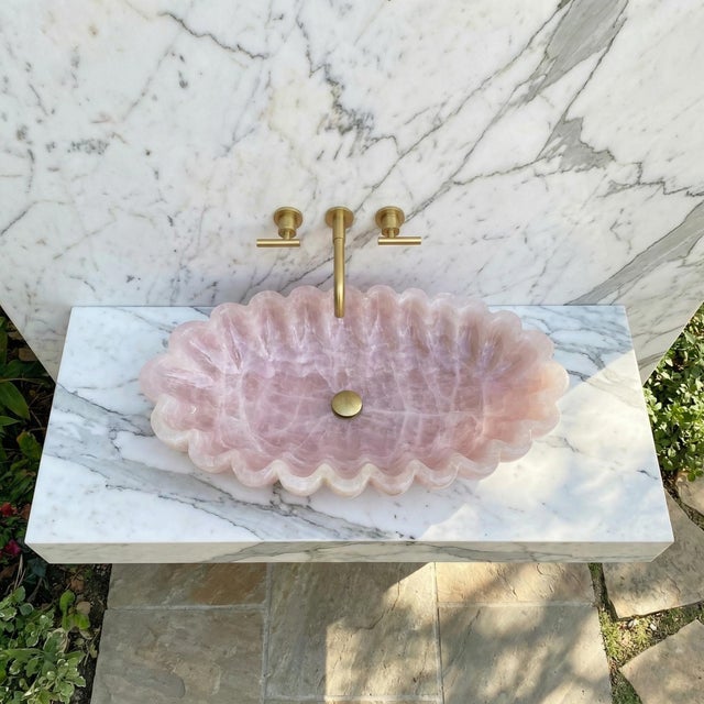 Contemporary Pink Quartz Luxury Stone Scalloped Sink Basin For Sale - Image 3 of 12