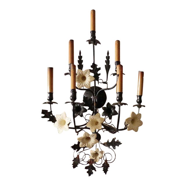 1930s Italian Black Painted Metal With Floral Tole Sconce For Sale