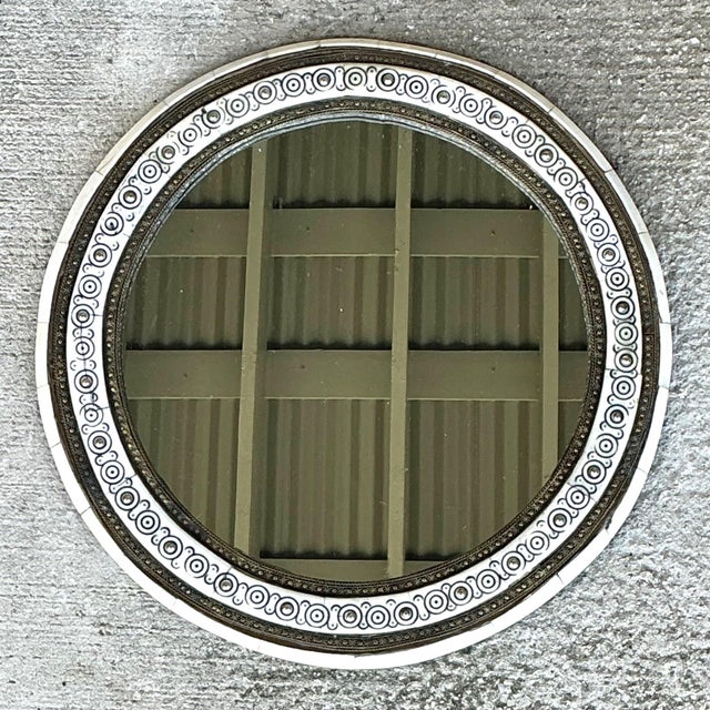 Late 20th Century Vintage Round Inlaid Wood Wall Mirror For Sale - Image 5 of 12