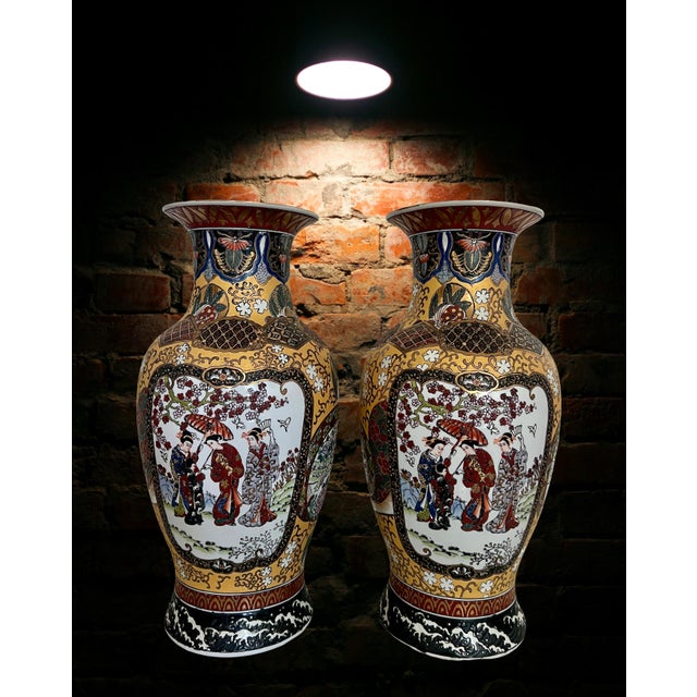 Yellow Vintage Yellow, White and Black Satsuma Enamelled Porcelain Vases, a Pair, Signed For Sale - Image 8 of 10