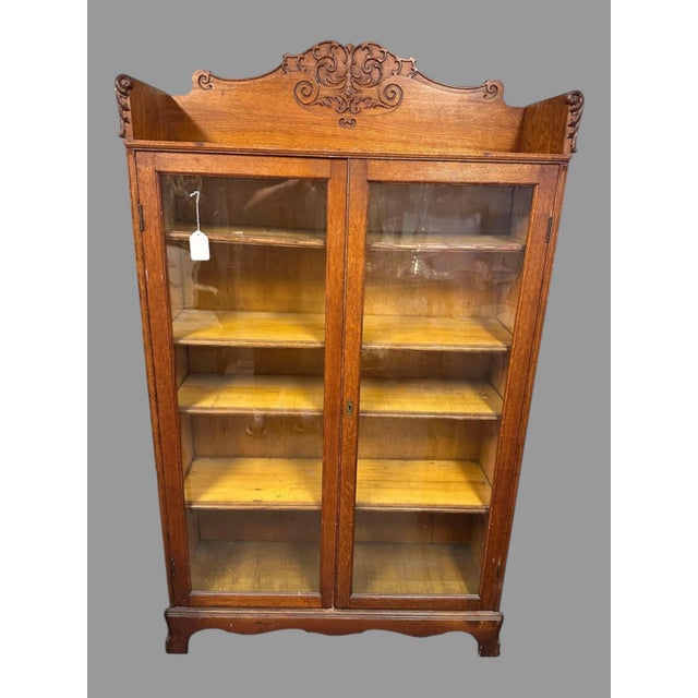 American Vintage Antique Oak Double Door Bookcase W Ornate Applied & Carved Details For Sale - Image 3 of 4