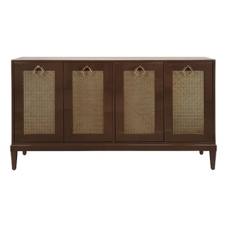 Matthew Izzo Home Glossy Chocolate Brown Four Door Buffet Cabinet With Brass Mesh Doors and Acrylic Door Pulls For Sale