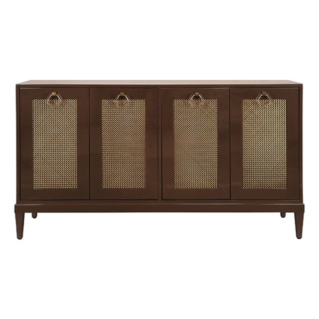 Matthew Izzo Home Glossy Chocolate Brown Four Door Buffet Cabinet With Brass Mesh Doors and Acrylic Door Pulls For Sale