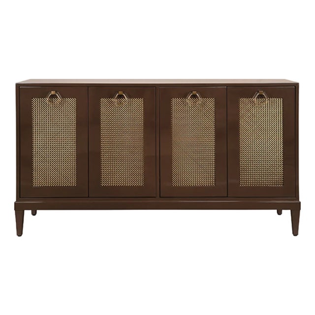 Matthew Izzo Home Marcella Glossy Chocolate Brown Four Door Buffet Cabinet With Brass Mesh Doors and Acrylic Door Pulls For Sale