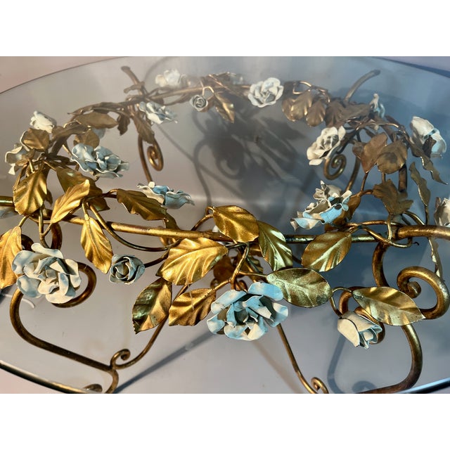 Antique White Gilt Table With 24 Tole White Roses & Leaves Glass Top Italian Hollywood Regency For Sale - Image 8 of 9