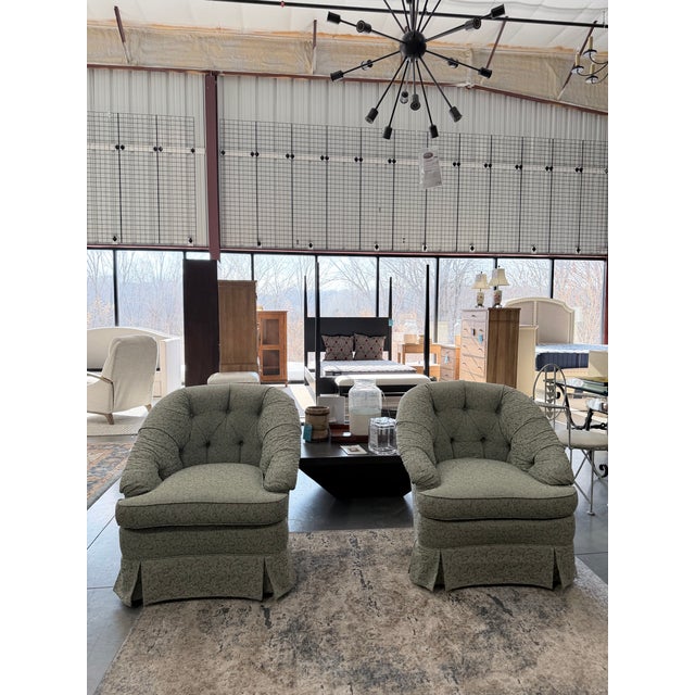American Beachley Tufted Barrel-Back Swivel Chairs With Matching Ottoman For Sale - Image 3 of 12