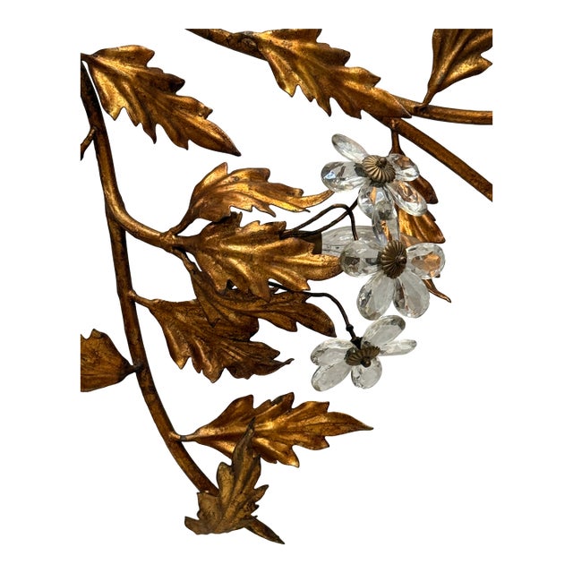 1960s Oversized Italian Hollywood Regency Gilt-Iron Wall Sconce With Crystal Blossoms For Sale