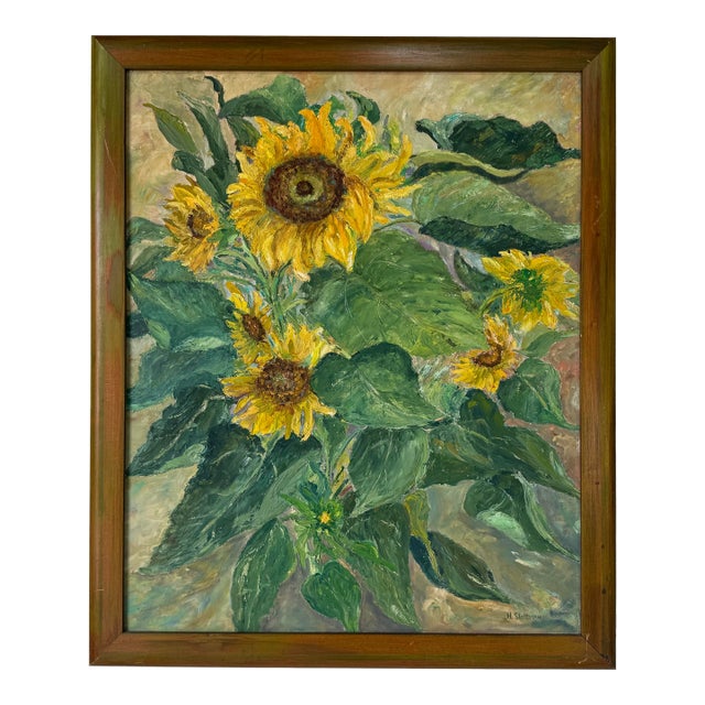 1970’s Vintage H. Slottman Sunflowers – Impressionist Oil on Canvas Painting, Framed For Sale
