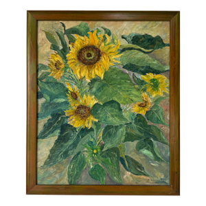 1970’s Vintage H. Slottman Sunflowers – Impressionist Oil on Canvas Painting, Framed