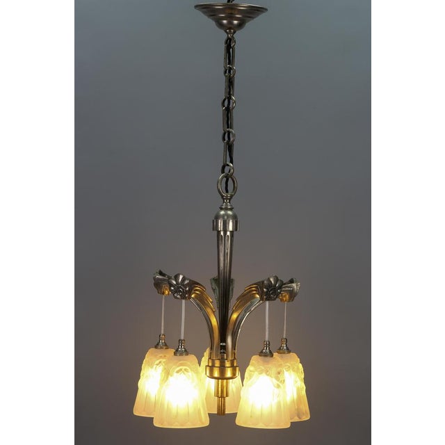 1930s Art Deco French Brass Five-Light Chandelier with White Glass by Degué, 1930s For Sale - Image 5 of 18