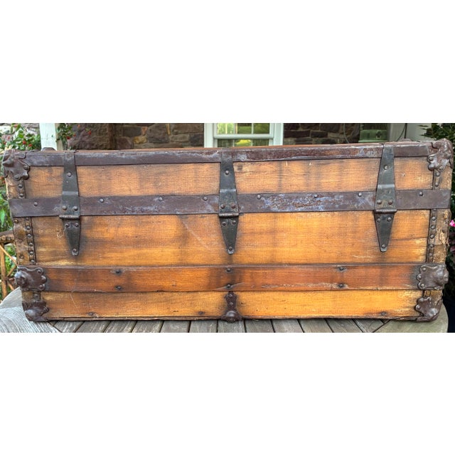 Mid 19th Century Antique Wood Travel Trunk With Leather Straps and Original Hardware For Sale - Image 5 of 12